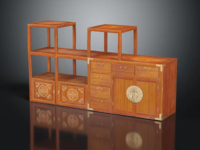 Traditional Chinese Wooden Furniture Set With Carved Drawers Open Shelves And Circular Patterns 3d model