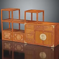 Traditional Chinese Wooden Furniture Set With Carved Drawers Open Shelves And Circular Patterns