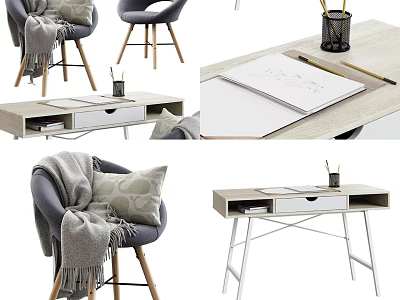 Modern Study Desk With Notebook Pencil Pen Holder And Accent Chair With Blanket Pillow 3d model