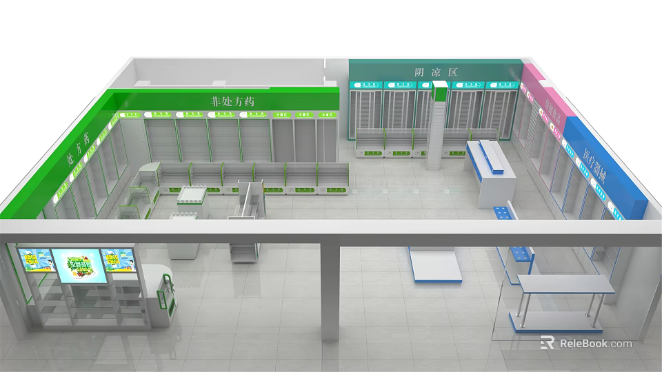 Pharmacy Store Interior With Organized Shelves Medicines Display And Service Counter 3d model 