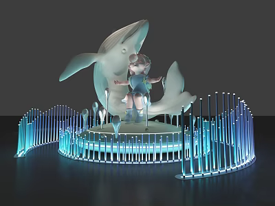 3D Decorative Sculpture Featuring White Whale Girl Character And Blue Illuminated Pillars 3d model
