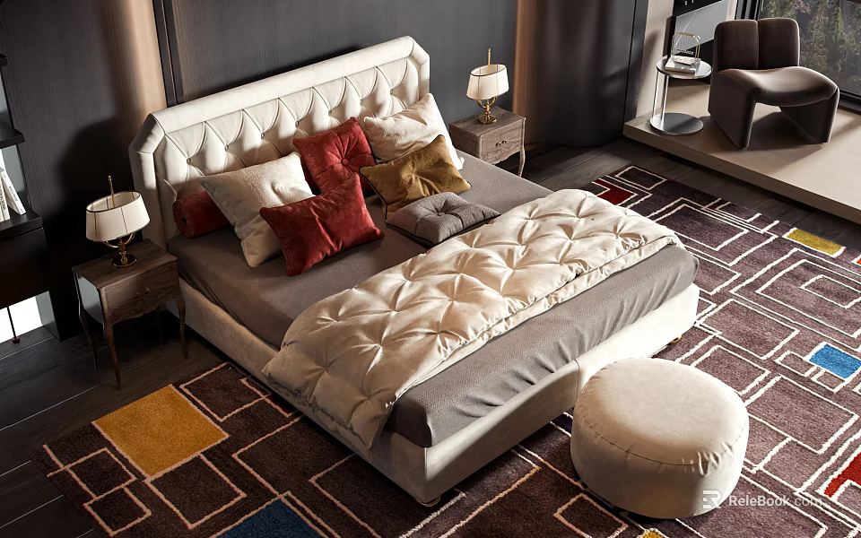 Double Bed with Tufted Headboard Multiple Pillows Round White Ottoman and Geometric Pattern Rug 3d model 