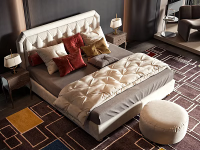 Double Bed with Tufted Headboard Multiple Pillows Round White Ottoman and Geometric Pattern Rug 3d model