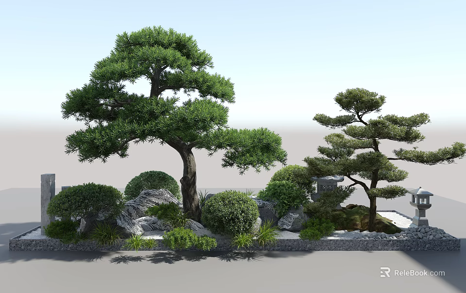 Traditional Garden Ornamental Design With Pine Trees Rock Formations Bushes And Stone Wall 3d model 