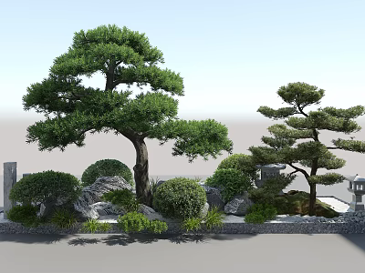 Traditional Garden Ornamental Design With Pine Trees Rock Formations Bushes And Stone Wall 3d model