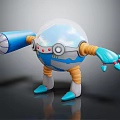 Cute Biomechanical Robot Character With Sphere Body Blue Cannon Arm And Cloud Pattern 3d model