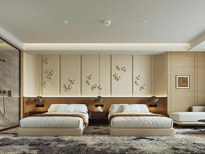 Modern Hotel Guest Room With Twin Beds Wooden Panel Wall Decor And Area Rug 3d model