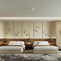 Modern Hotel Guest Room With Twin Beds Wooden Panel Wall Decor And Area Rug