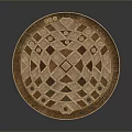 Round Wooden Decorative Tray With Geometric Inlaid Patterns And Ornate Edge Design