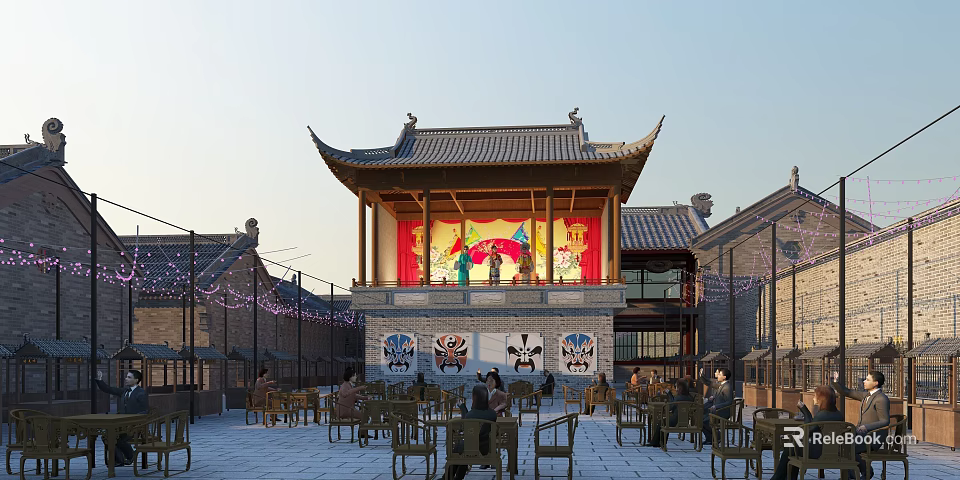 Ancient Chinese Architecture Traditional Stage With Opera Masks Performers Courtyard Tables Chairs And Classic Roof Design 3d model 