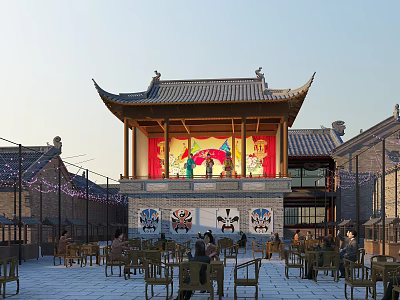 Ancient Chinese Architecture Traditional Stage With Opera Masks Performers Courtyard Tables Chairs And Classic Roof Design 3d model
