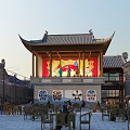 Ancient Chinese Architecture Traditional Stage With Opera Masks Performers Courtyard Tables Chairs And Classic Roof Design