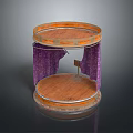Circular Two Tiered Wooden Display Stand with Purple Curtains and Smooth Surface