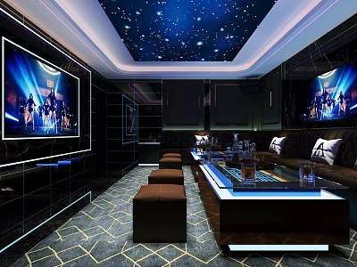 Modern KTV With Starry Sky Ceiling Large Screen TV Glass Coffee Table And Comfortable Sofa 3d model