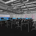 Modern Public Office Space With Open Layout Multiple Workstations Circular Ceiling Lights And Large Screens 3d model