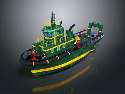 Green Toy Tugboat Model With Yellow Railings And Miniature Figures 3d model