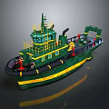 Green Toy Tugboat Model With Yellow Railings And Miniature Figures