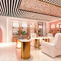 Elegant Beauty Hair Salon Interior With Pink Walls Gold Tables And Arched Doorway