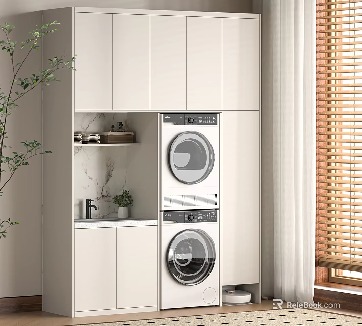 White Balcony Cabinet With Built in Washing Machine Dryer And Compact Storage Design 3d model 