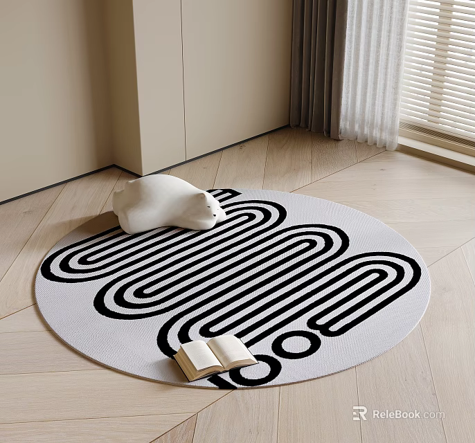 Round Carpet with Black and White Maze Pattern White Bear Open Book on Wooden Floor 3d model 