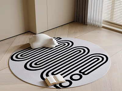 Round Carpet with Black and White Maze Pattern White Bear Open Book on Wooden Floor 3d model