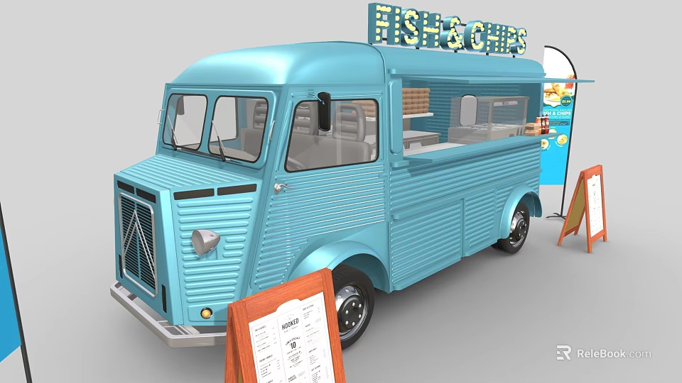 Blue Fish and Chips Food Truck With Menu Boards and Open Service Window 3d model 