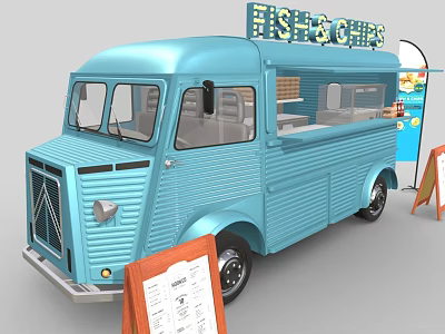 Blue Fish and Chips Food Truck With Menu Boards and Open Service Window 3d model