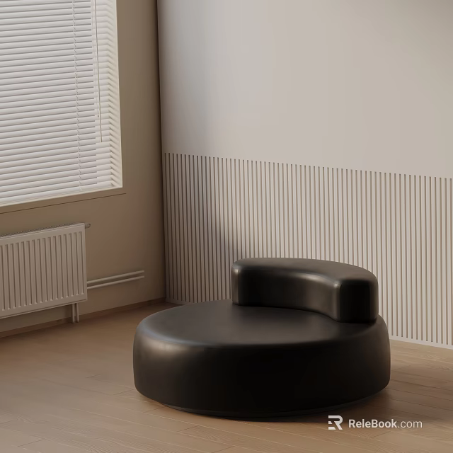 Black Leather Leisure Chair In Room With Window Blinds Striped Wall And Wooden Floor 3d model 