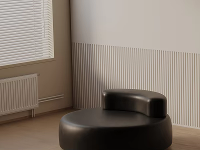 Black Leather Leisure Chair In Room With Window Blinds Striped Wall And Wooden Floor 3d model