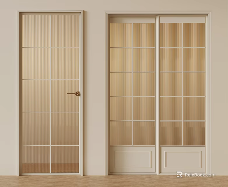 Modern Sliding Double Doors with Ribbed Glass Panels and Light Frame Design 3d model 