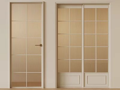 Modern Sliding Double Doors with Ribbed Glass Panels and Light Frame Design 3d model