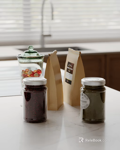 Modern Kitchen Countertop Decorative Ornament Set With Glass Jars Paper Bags And Lidded Containers 3d model 
