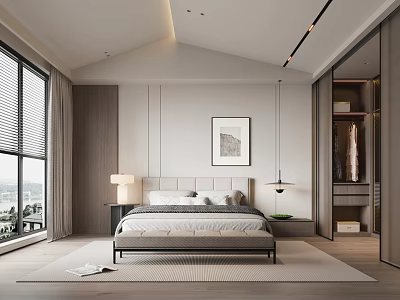 Modern Bedroom Interior With Platform Bed Framed Artwork Large Windows And Open Wardrobe 3d model