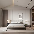 Modern Bedroom Interior With Platform Bed Framed Artwork Large Windows And Open Wardrobe 3d model