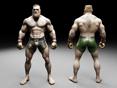 Muscular UFC Fighter Front Back View In Shorts With Golden Gloves And Tattoos 3d model