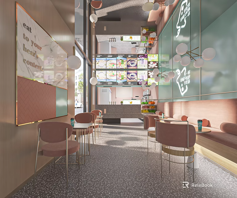Modern Bubble Tea Shop Interior With Cozy Seats Counter Menu Boards And Hanging Lights 3d model 