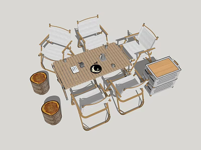 Outdoor Wooden Table And Folding Chairs Set With Barrels And Side Cabinet 3d model