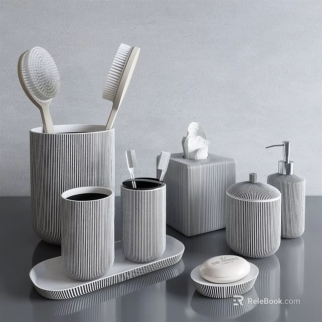 Modern Bathroom Accessories Set With Ribbed Toothbrush Holder Soap Dish Tissue Box And Lotion Dispenser 3d model 