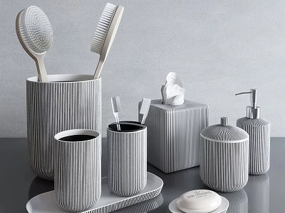 Modern Bathroom Accessories Set With Ribbed Toothbrush Holder Soap Dish Tissue Box And Lotion Dispenser 3d model