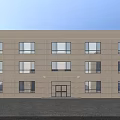 Modern Office Building Exterior Cream Colored Facade Large Windows Black Entrance And Blue Sky