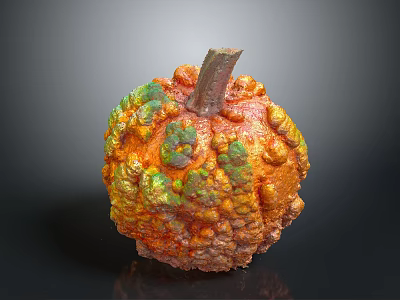 Orange Green Bumpy Pumpkin With Rough Textured Surface And Brown Stem On Dark Background 3d model