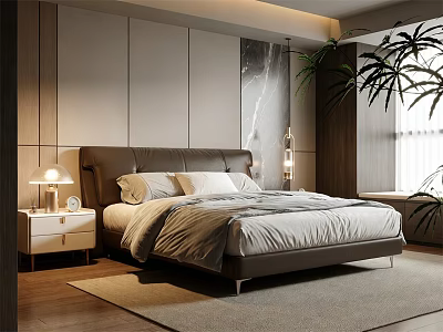 Modern Hotel Room Interior With Comfortable Bed Light Carpet Wooden Floor And Green Plant 3d model