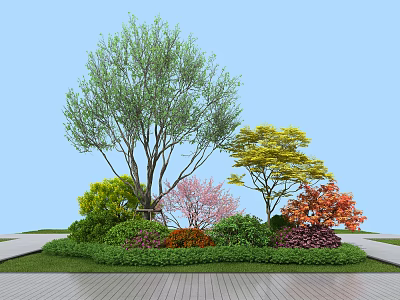 Arbor Centered Garden Landscape With Colorful Trees Shrubs Grass And Wooden Floor 3d model