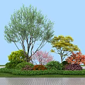 Arbor Centered Garden Landscape With Colorful Trees Shrubs Grass And Wooden Floor