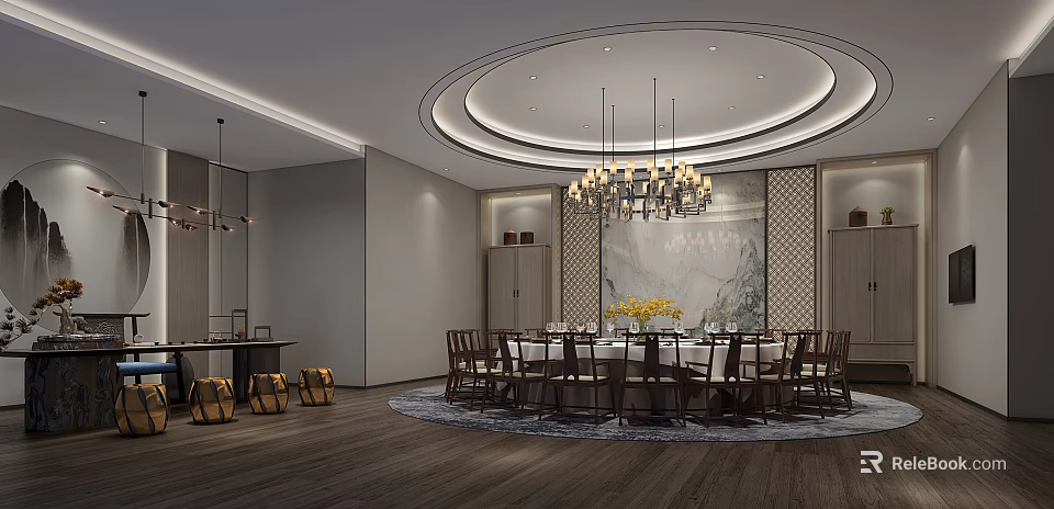 Elegant Private Dining Room Interior With Round Table Chandelier And Decorative Wall 3d model