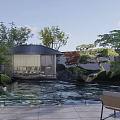 Japanese Style Courtyard Garden With Stone Table Rocks Green Trees Pathway And Pavilion