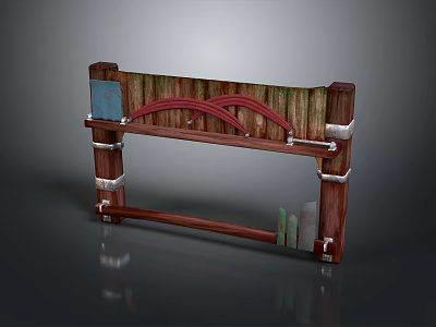 Wooden Gate Design With Red Curved Accents Silver Metal Brackets And Small Green White Items 3d model