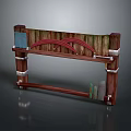 Wooden Gate Design With Red Curved Accents Silver Metal Brackets And Small Green White Items