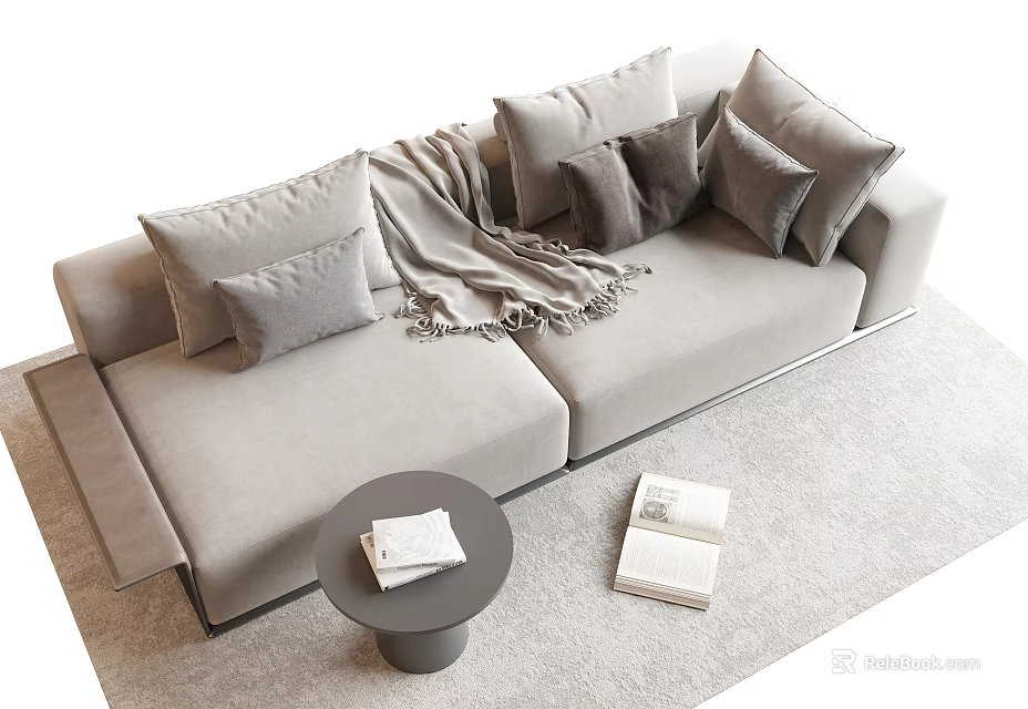 Cozy Light Gray Three-Seater Sofa With Cushions Throw Blanket And Small Round Table With Books 3d model 
