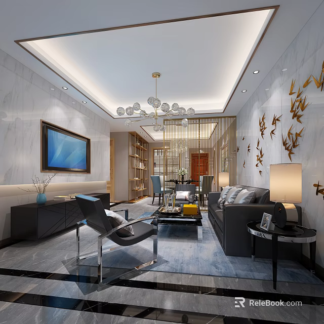 Modern Luxury Open Living And Dining Room With Marble Walls Comfortable Furniture And Elegant Lighting 3d model 